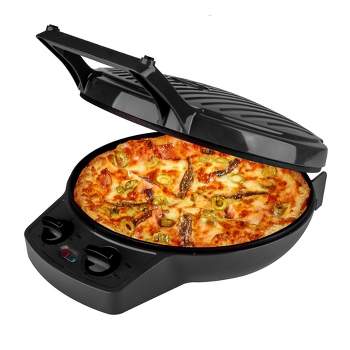 Courant 12 Inch Electric Griddle and Pizza Maker with Dial, Opens 180°, Black