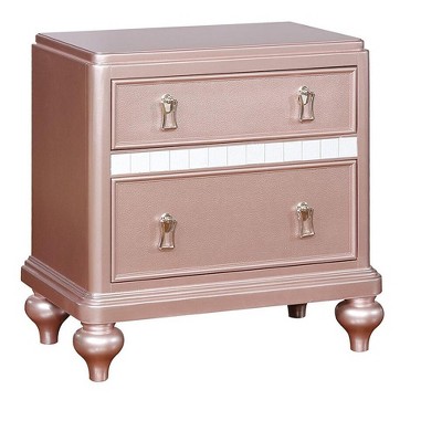 Vynxaria 1pc Glam Nightstand - Pink Finish, Mirror Panels, Crystal Knobs, 2 Drawers (Felt-Lined), Bedroom Bedside Furniture