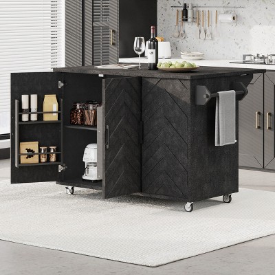 Whisen Farmhouse Style Kitchen Islands on 5 Wheels with Drop Leaf and Internal Storage Rack