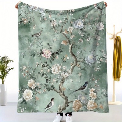 1pc Creative Green Plant Floral Bird Print Flannel Blanket, Beautiful and Cozy Warm Nap Throw for Sofa, Bed, Home Decor - Four Seasons Gift