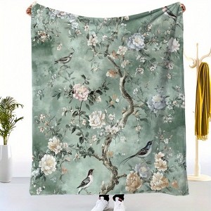 1pc Creative Green Plant Floral Bird Print Flannel Blanket, Beautiful and Cozy Warm Nap Throw for Sofa, Bed, Home Decor - Four Seasons Gift - 1 of 4