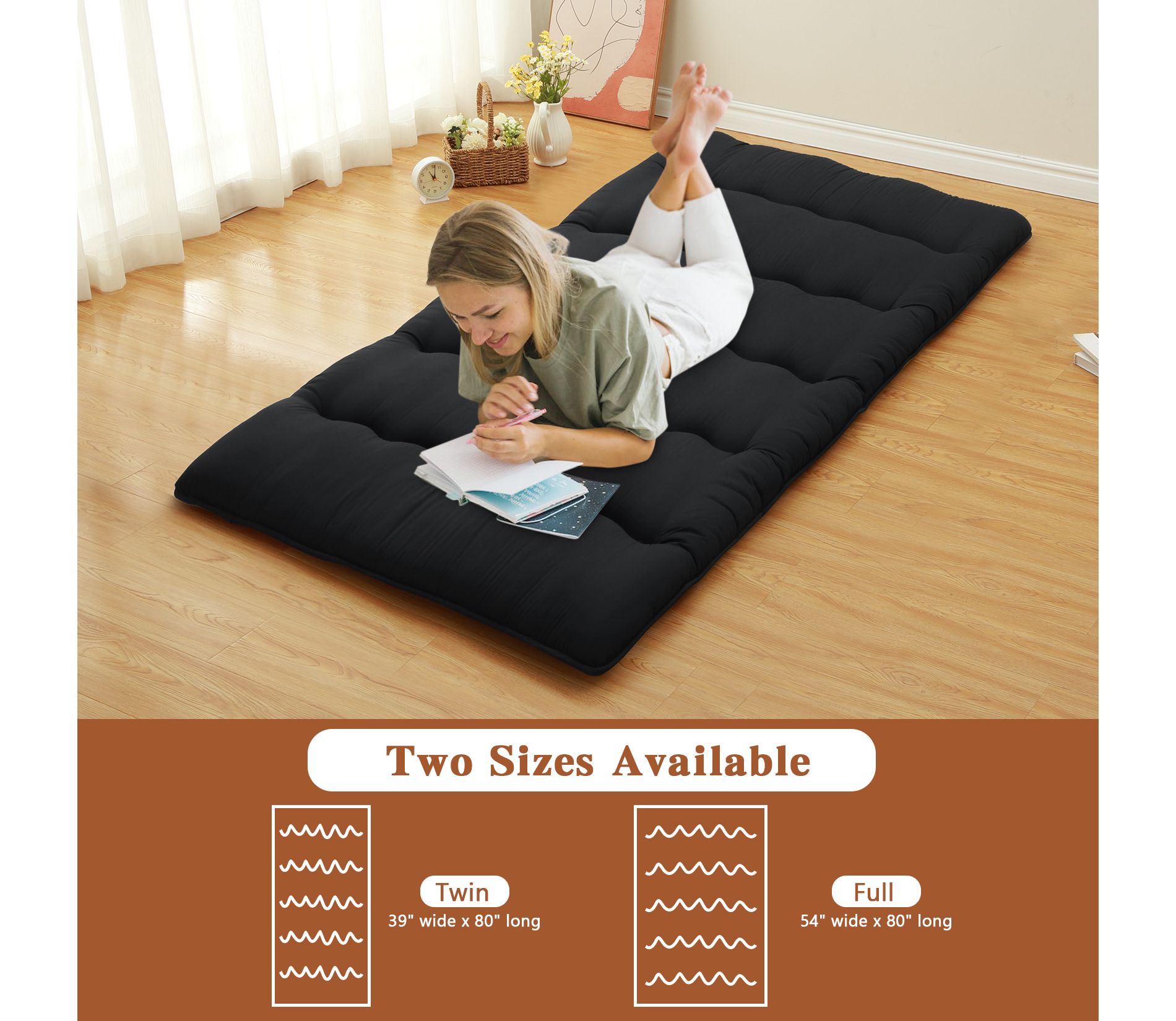 Japanese Floor Futon Mattress - Thick Tatami Sleeping Pad for Twin/Full/Queen, Portable Lounger Bed