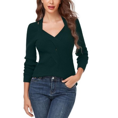 Womens Deep V Neck Pullover Sweater Front Twist Halter Style Ribbed Knit Sweater Fall Tops for Lady