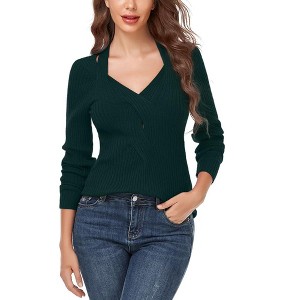 Womens Deep V Neck Pullover Sweater Front Twist Halter Style Ribbed Knit Sweater Fall Tops for Lady - 1 of 4