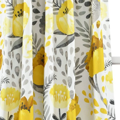 Yellow and White Floral Polyester Room Darkening Curtain Panels