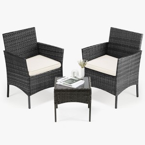 Patio Furniture Set 3 Pieces, Outdoor Furniture with Glass Table, Weaving Wicker Rattan Patio Chairs for Garden - 1 of 4