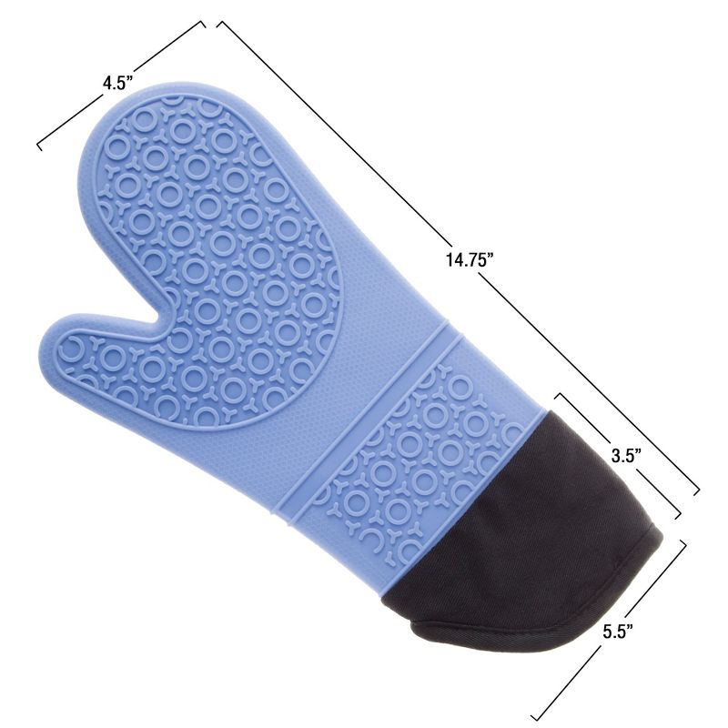 Silicone Oven Mitts - Extra Long Professional Quality Heat Resistant with Quilted Lining and 2-sided Textured Grip - 1 pair Blue by Hastings Home, 3 of 7