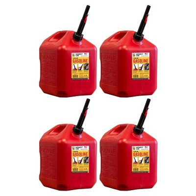 Midwest Can Company 5610 5-Gallon EPA & CARB Compliant Gas Can Fuel Container Jug with Flow Spout & Flame Shield Safety System, Red (4 Pack)