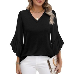 Coolmee Women's Work Blouses Ruffle 3/4 Sleeve Dressy Top V Neck Casual Tunic Blouses Business Shirts - 1 of 4