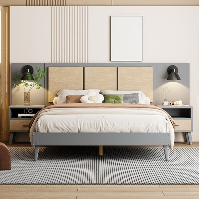 Queen Size Bed Frame with 2 Nightstands, Wood Platform Bed with Rattan Headboard, Wooden Slats Support, No Box Spring Required
