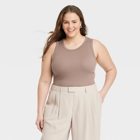 Women's Slim Fit Ribbed High Neck Tank Top - A New Day™ Tan L : Target