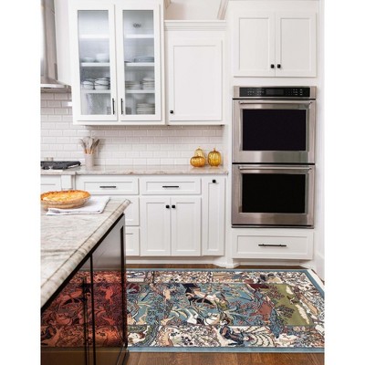 Blue and Tan Floral Synthetic Indoor Runner Rug