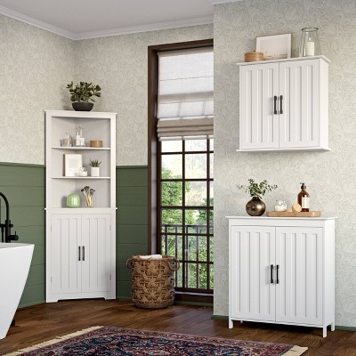 White MDF Storage Cabinet with Adjustable Shelves and Black Handles