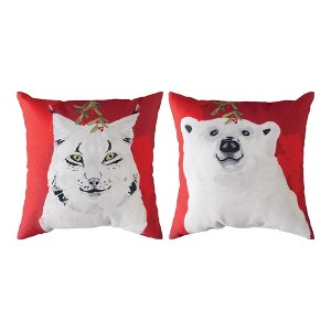 Polar Bear & Lynx Christmas Scene Pillow – Climaweave Polyester, 18"x18" by Manual Woodworkers & Weavers - 1 of 3
