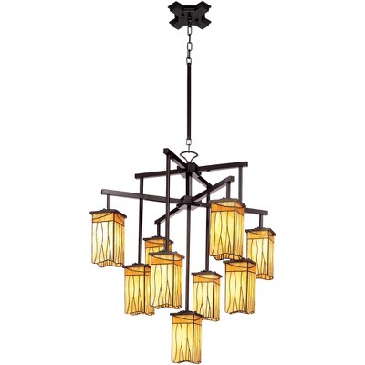 Robert Louis Tiffany Dark Bronze Large Chandelier 32 1/2" Wide Rustic Amber Gold Art Glass 9-Light Fixture Dining Room House Foyer