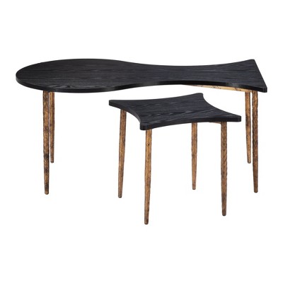 HomeRoots Set of Two Black and Bronze Wood and Steel Free Form Coffee And End Table