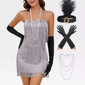 Womens Roaring 20s Costumes Flapper Dress 1920s Gatsby Vintage Fringe Dress with Deco Set Spaghetti Strap Cocktail Dress for Gatsby Theme Party - 1 of 4