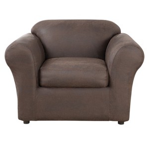 Ultimate Stretch Leather Chair Slipcover Weathered Saddle - Sure Fit- Brown, Weathered Brown