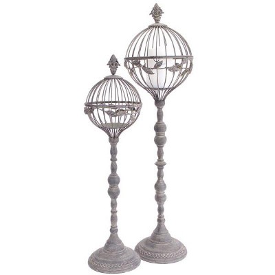 Melrose Set of 2 Distressed Finish Dome Pillar Candle Holders with Leaf Design