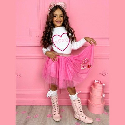 XOXO Embroidered Sweater and Heart Patch Tutu Skirt Set Mia Belle Girls