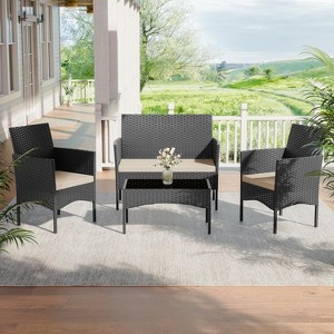 ALAULM Patio Furniture Set 4 Pieces Outdoor Wicker Rattan Chairs Conversation Sets w/Coffee Table, Rocking Bistro Set - 1 of 4