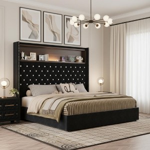 Polibi Velvet Bed Frame with Tufted Headboard, Shelf Storage, USB Ports & LED Light - 1 of 4