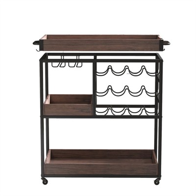 3-Tier Wine Rack Rolling Serving Cart with Lockable Wheels, Glass Rack, 3 Removable Trays
