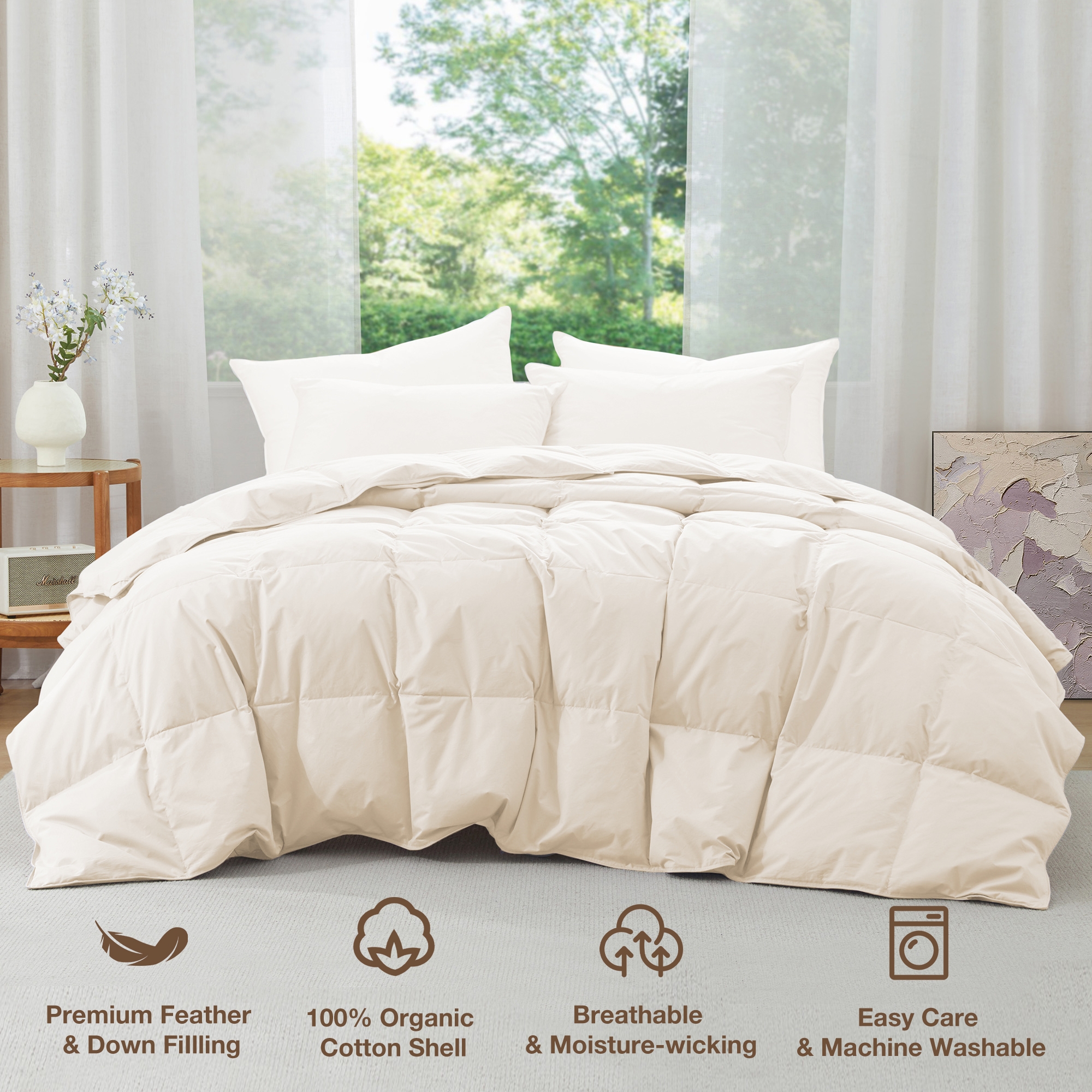 Puredown Lightweight Organic Cotton Down Fiber Comforter, Duvet Insert Perfect for Year-Round Use, Off-white, King