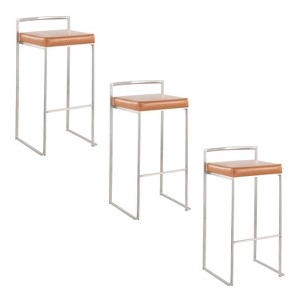 LumiSource Set of 3 Fuji Stacker Barstools Stainless Steel/Camel PU - 1 of 4