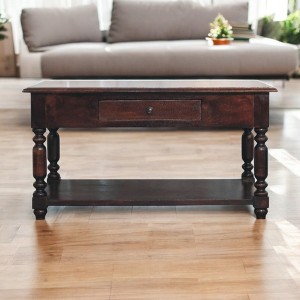 Turned Legs Cherry Console Table, Solid Mango Wood, 2 Drawers, Dark Brown Finish - 1 of 4