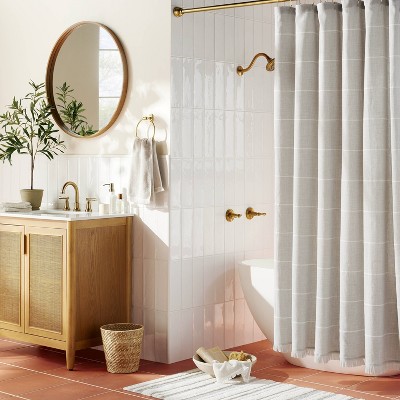Horizontal Stripe Shower Curtain with Fringe Gray/Cream - Hearth &#38; Hand&#8482; with Magnolia