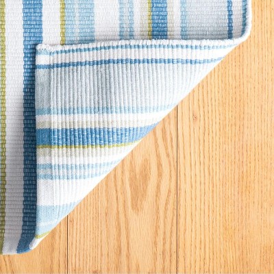 Handwoven Blue and White Wool Cotton Stripe Rectangular Rug