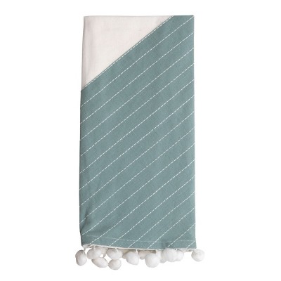 Green Striped 27 x 18 Inch Woven Kitchen Tea Towel with Hand Sewn Pom Poms - Foreside Home & Garden