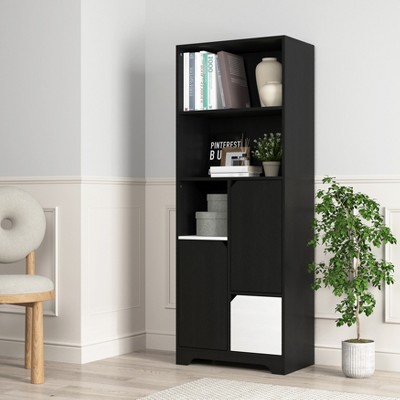 63" Tall Bookcase with Doors, Freestanding Corner Display Storage Cabinet, Multifunctional Open Bookshelf for Home Office Living Room Bedroom