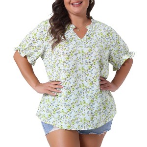 Agnes Orinda Women's Plus Size Summer Floral V Neck Ruffle Puff Short Sleeve Casual Blouse - 1 of 4