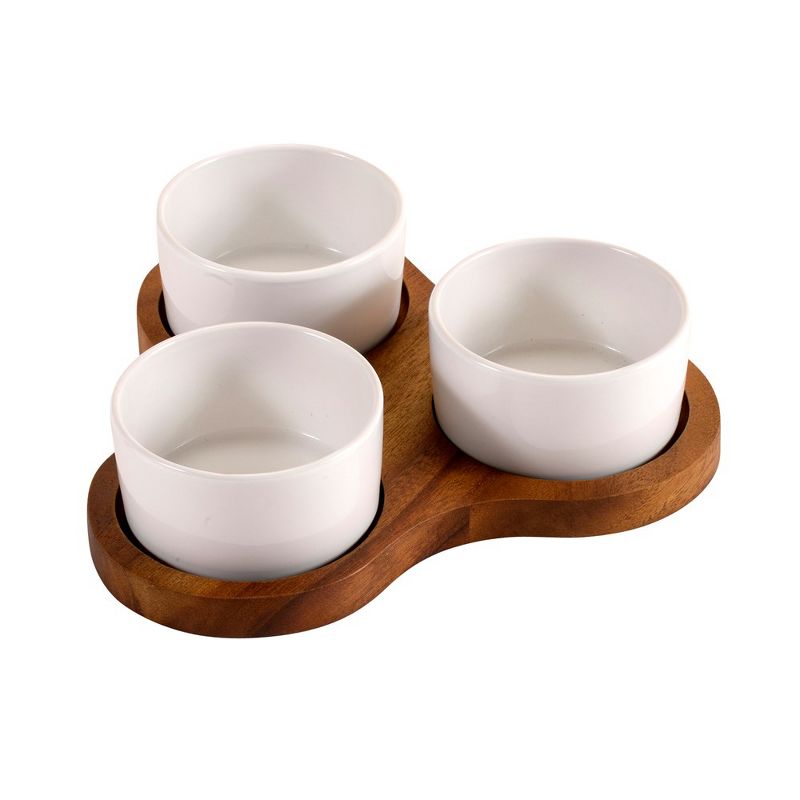 Kalmar Home Acacia WoodTriangular Serving Set with 3 White Ceramic Dishes, 2 of 4