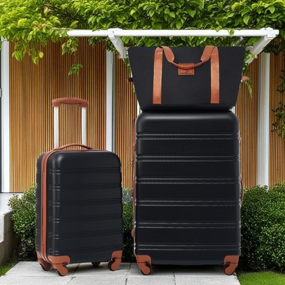FURNIinspire Bag And Luggage Sets Suitcase Set Spinner Suitcases With TSA Lock And Tote Bag, 3 Piece Luggage Sets, Black And Brown, 20" 28"