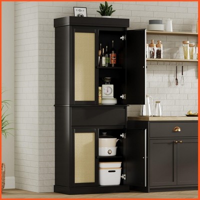 Homhougo Rustic Pantry Cabinet with Rattan Doors - 69" Tall Storage Organizer with Adjustable Shelves & Drawer Black