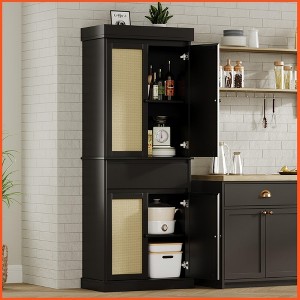 Homhougo Rustic Pantry Cabinet with Rattan Doors - 69" Tall Storage Organizer with Adjustable Shelves & Drawer Black - 1 of 4