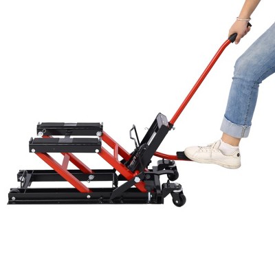 Hydraulic Motorcycle Lift Jack, 1500 LBS Capacity Scissor Lift Jack, Motorcycle Lift Table with 4 Wheels, Foot-Operated Hoist Stand for Motorcycle