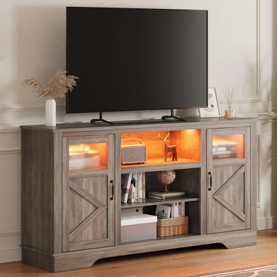 Homhougo 58'' Farmhouse TV Stand with LED Lights, Entertainment Center for TVs up to 70 Inch Gray