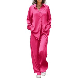 Ekouaer Womens Satin Silky Pajama Set 2 Piece Print PJs Soft Loungewear Button Down Sleepwear with Elastic Waist Long Pants - 1 of 4