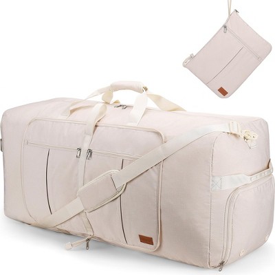 MaseiKar 100L Travel Duffle Bag, 32'' Large Duffle Bag for Traveling with Shoe Compartment, Foldable Travel Duffel Bag Water & Tear Resistant (Beige)