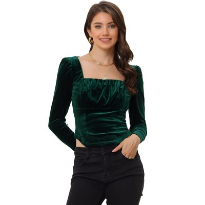 Allegra K Women's Velvet Cropped Long Sleeves Party Square Neck Top ...