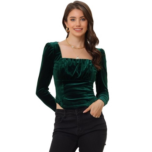 Allegra K Women's Velvet Cropped Long Sleeves Party Square Neck Top : Target