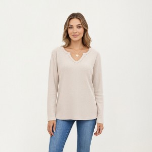 Anna-Kaci Women's Long Sleeve Waffle Knit Top with Notch V-Neckline and Relaxed Fit - 1 of 4
