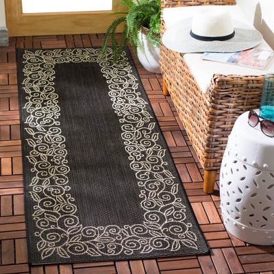 Black and Beige Floral Border Indoor/Outdoor Runner Rug