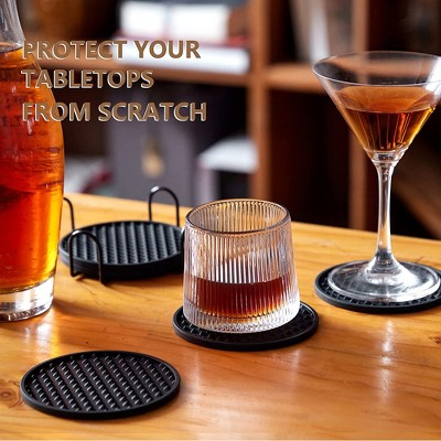 6 sets of silicone coasters with wooden dining table and beverage holders, suitable for dishwashers, double-sided, heat-resistant coasters