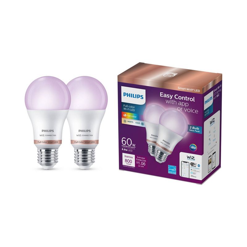 Philips 2pk 8.8W Smart LED Wi-Fi and Bluetooth A19 Color, 3 of 12