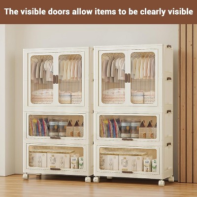 3-Tier Kids Wardrobe Closet w/Doors & Wheels - Portable Baby Clothes Organizer w/Hanging Rod & 10 Hangers